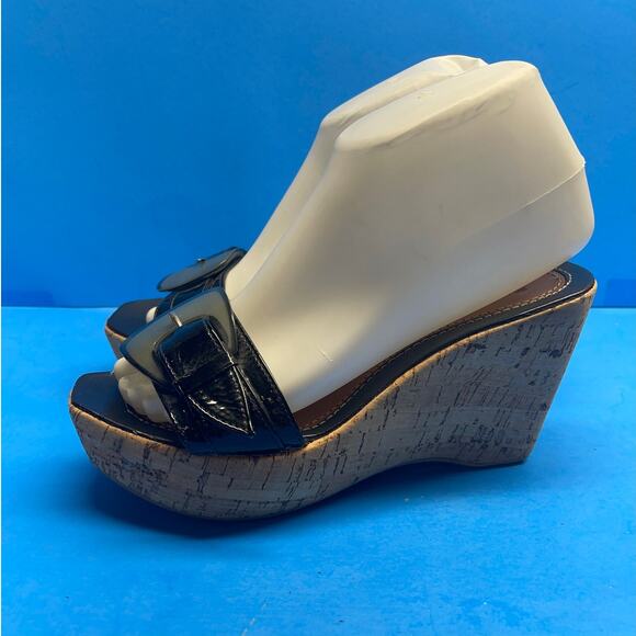 Francesco Morichetti Cork Wedge Black Leather Sandals Size 38 US 6 6.5 - Picture 2 of 12